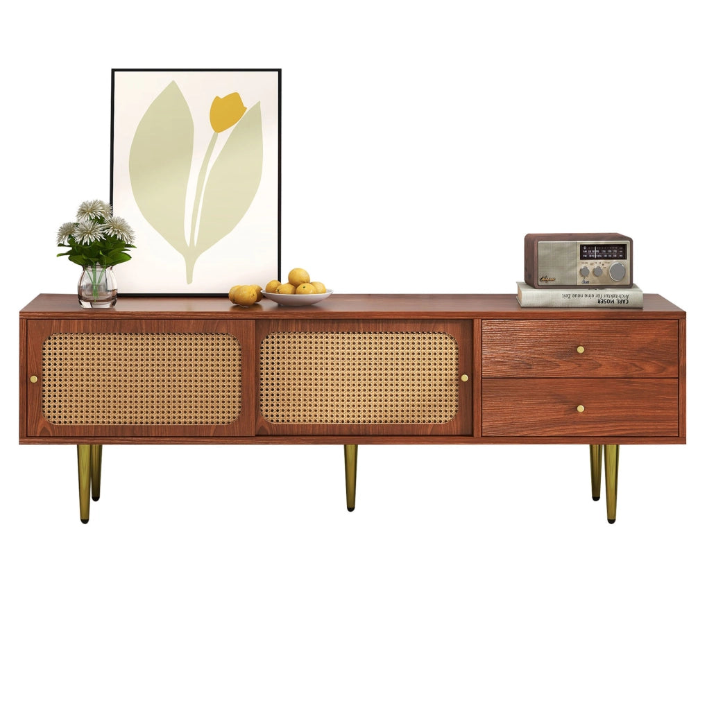 Mobile TV 160x40x60 cm con ante scorrevoli e 2 cassetti in MDF e rattan sintetico noce e caffè