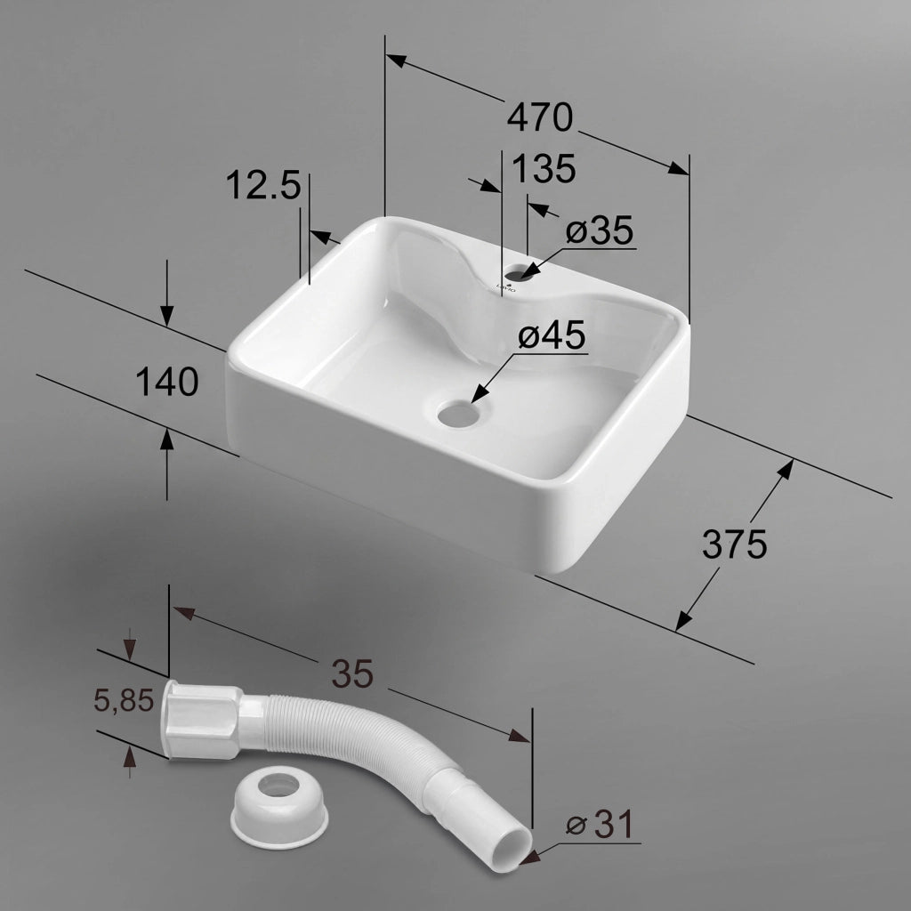 Lavabo da appoggio rettangolare AURA ceramica 47 cm Bianco