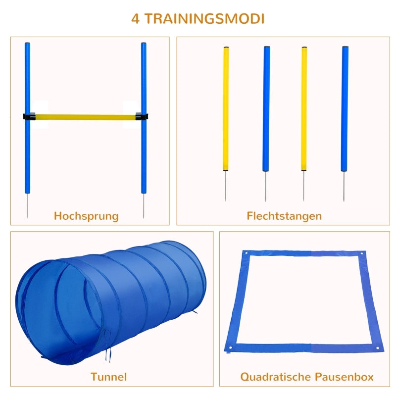 Giochi da arrampicata set agility per cani con tunnel 4 bastoni slalom e ostacoli portatile in poliestere giallo
