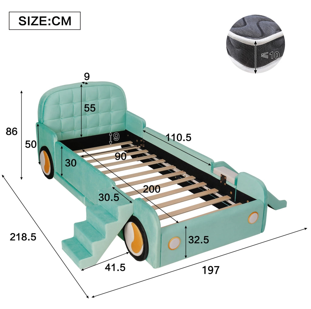 Letto a forma di auto 90x200 cm con scivolo e scala; velluto blu-verde