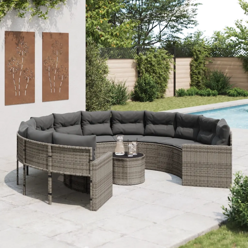 Divano da Giardino Tavolo e Cuscini Circolare Grigio Polyrattan