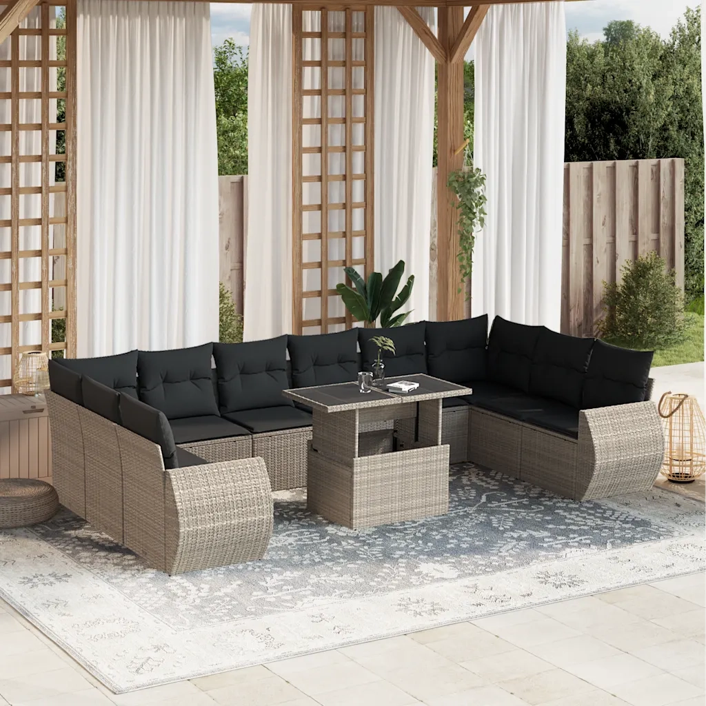 Set Divani da Giardino 11 pz con Cuscini in Polyrattan Grigio