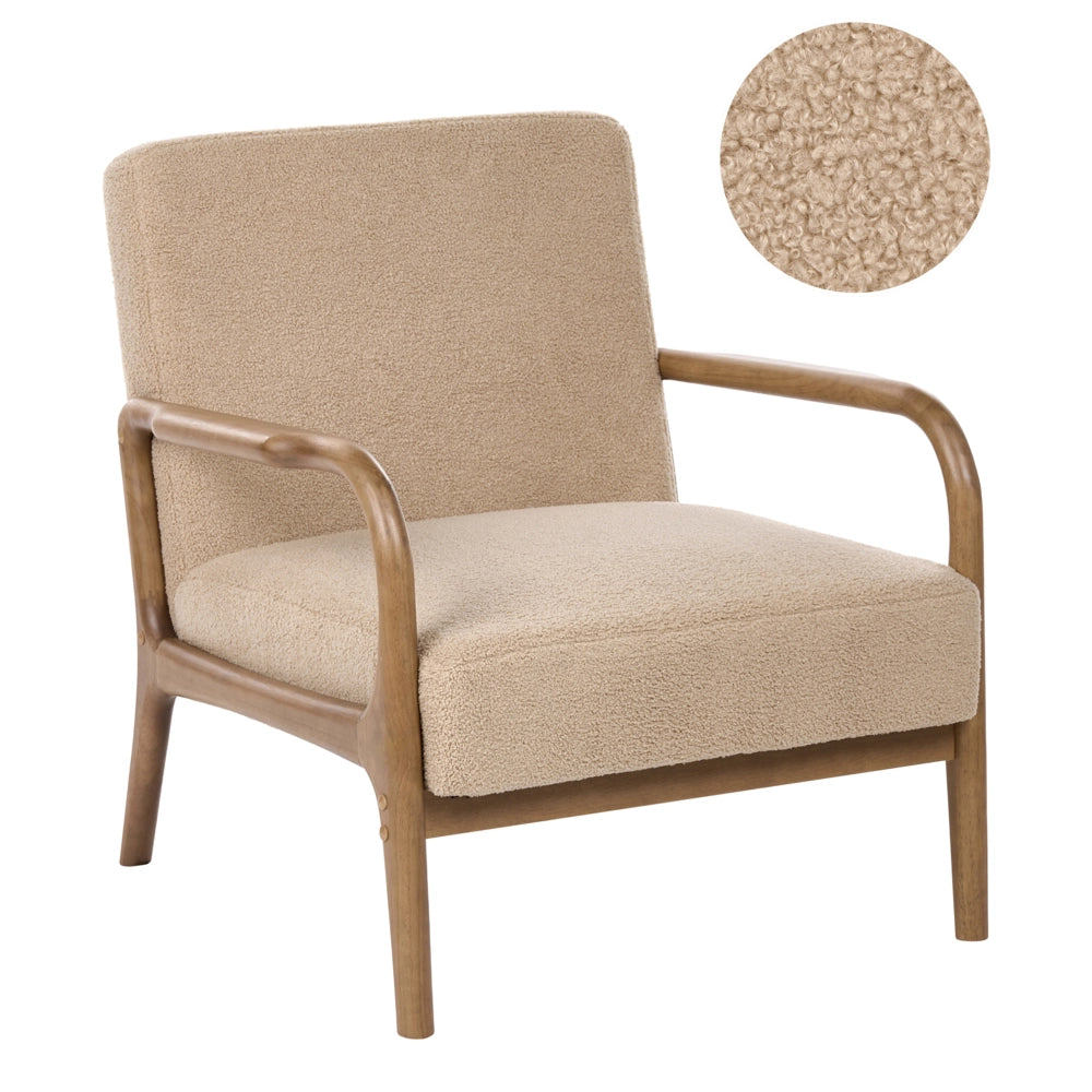 Poltrona beige in bouclé con struttura in legno - Poltrona lounge retrò in stile Mid-Century stile moderno