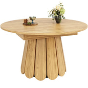 Tavolo da pranzo rotondo allungabile con piano scorrevole; per cucina e soggiorno; legno naturale