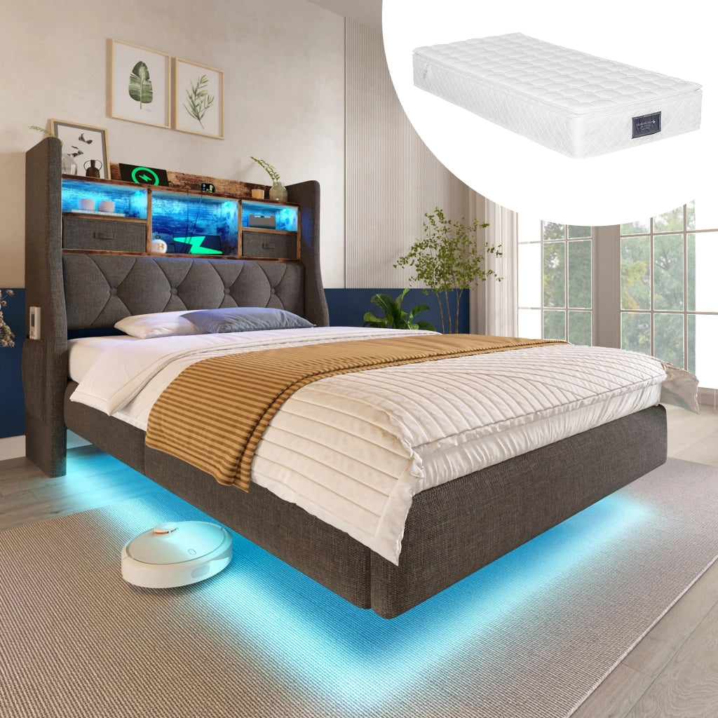 LETTO 90x200 cm Grigio in Lino con testiera LED e materasso incluso