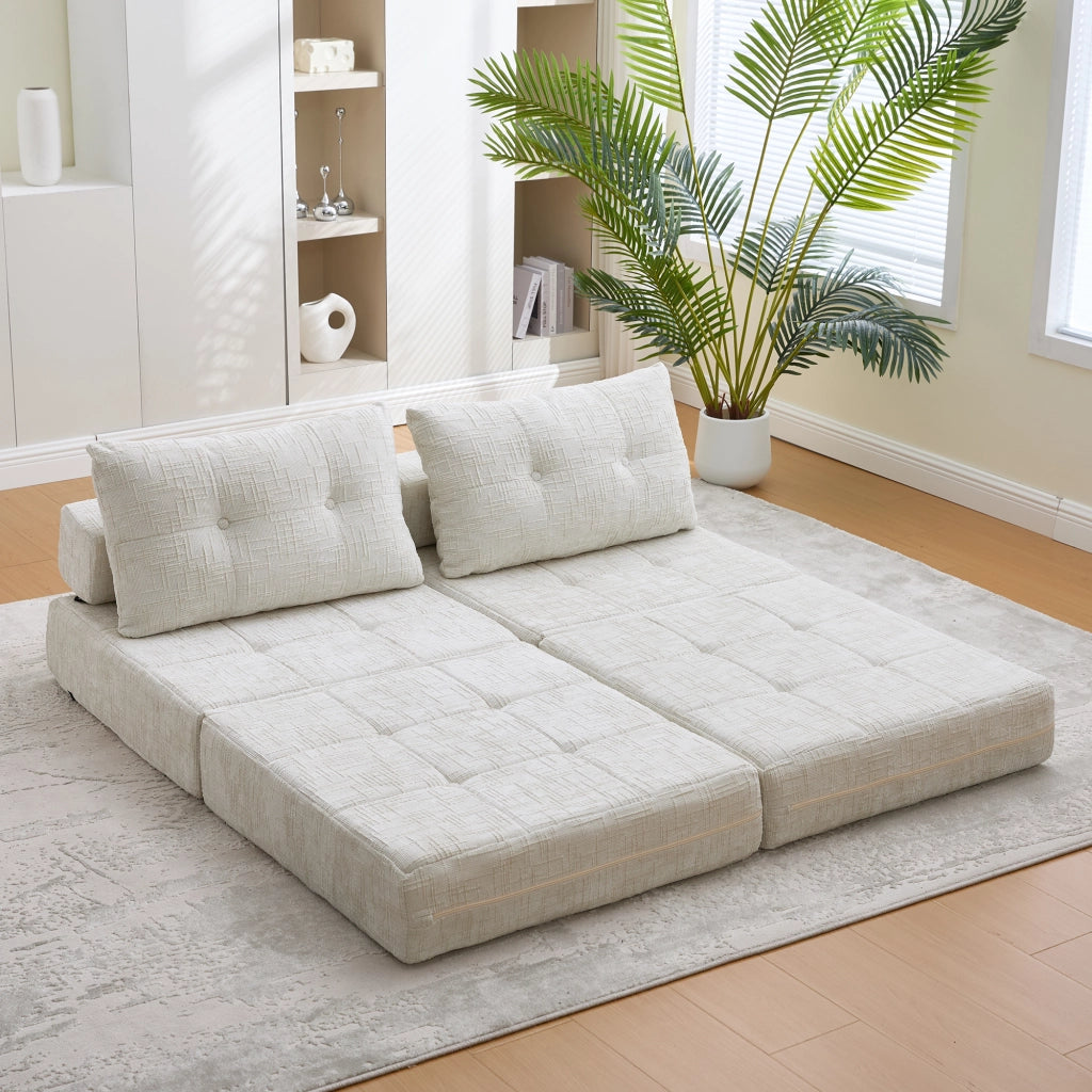 OKWISH Divano Letto Pieghevole con Schienale, Cuscini Poggiatesta e Lombare, Schiuma ad Alta Densità, Ciniglia Beige