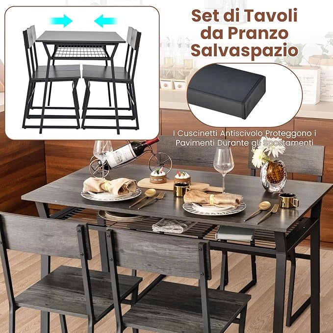Set da Tavolo e Sedie da Pranzo, Tavolo da Pranzo con 4 Sedie Industriale, Set 5 Pezzi Mobili con Mensola Portaoggetti e Telaio in Metallo, per Cucina Sala da Pranzo, 110 x 70 cm (Grigio)