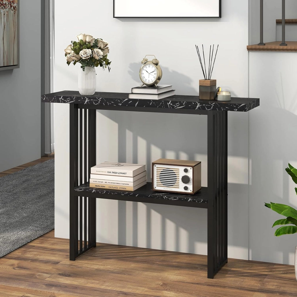Tavolo Console da ingresso, 120 x 29,5 x 92,5 cm, piano in finto marmo e telaio in metallo, tavolino ausiliario con 2 ripiani, risparmio di spazio, tavolo da soggiorno, corridoio (nero)