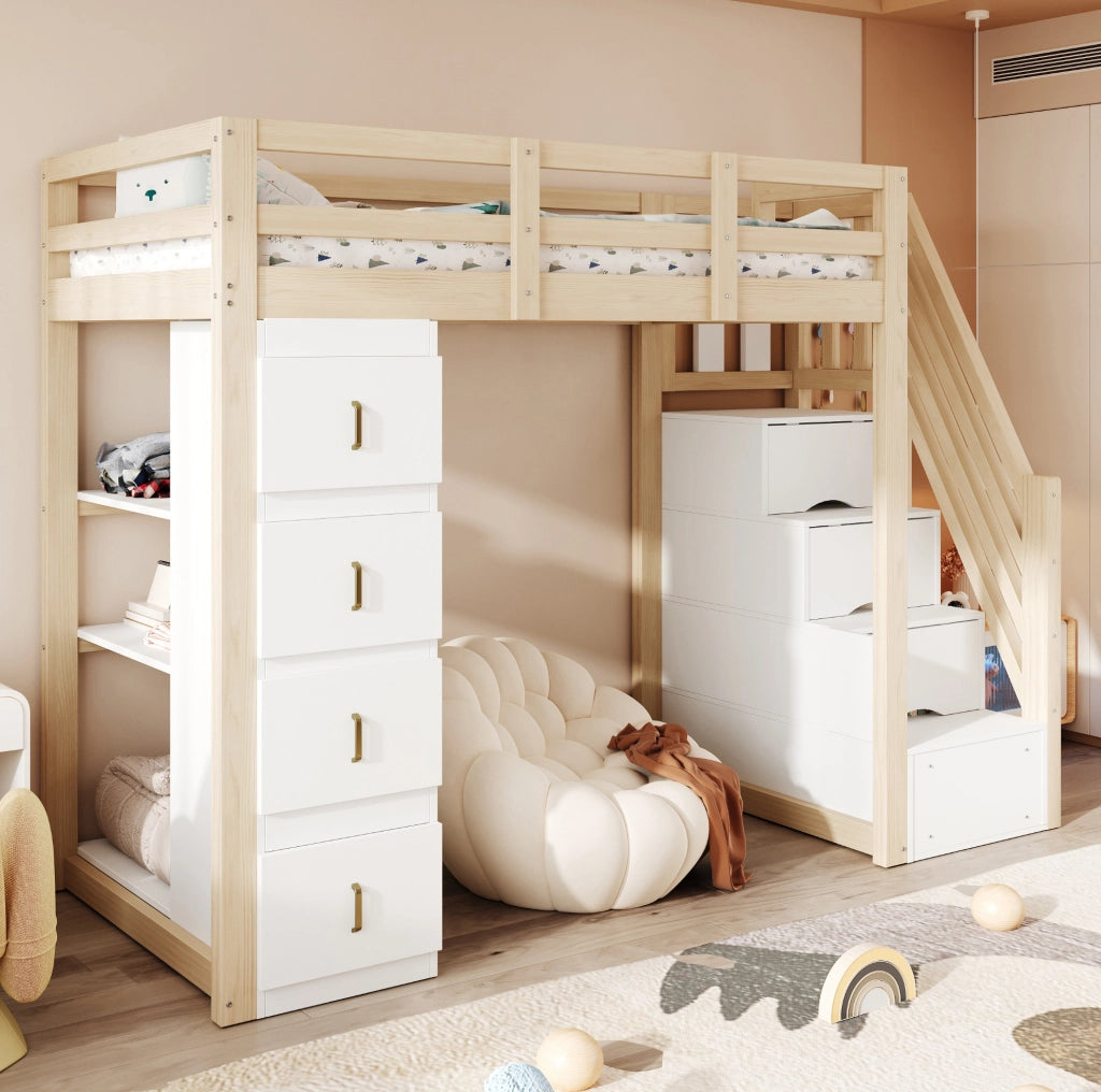 Letto a soppalco 90x200 cm con 4 cassetti; scaffale a 3 livelli e scala laterale; colore legno naturale