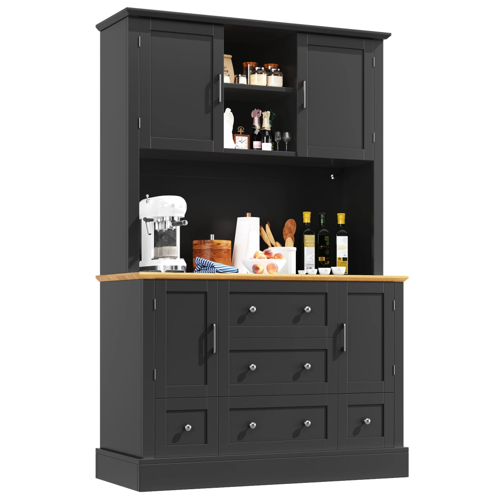 Vetrina da Cucina Alta con 3 Cassetti e LED; Design Moderno; per Cucina o Soggiorno; in MDF; Nero e Naturale; 115x40x180 cm