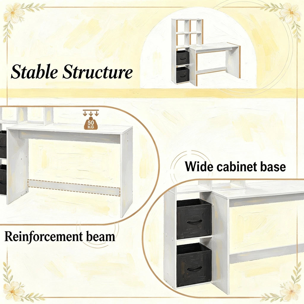 Scrivania con libreria e scomparti laterali con cassetti in tessuto in legno bianco moderna 110 × 74 × 50 cm