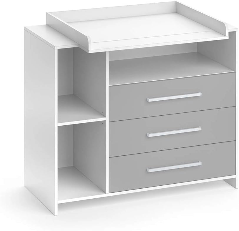 Fasciatoio Oskar, Bianco/Grigio, 113 x 100 cm, convertibile in cassettiera grazie al fasciatoio rimovibile