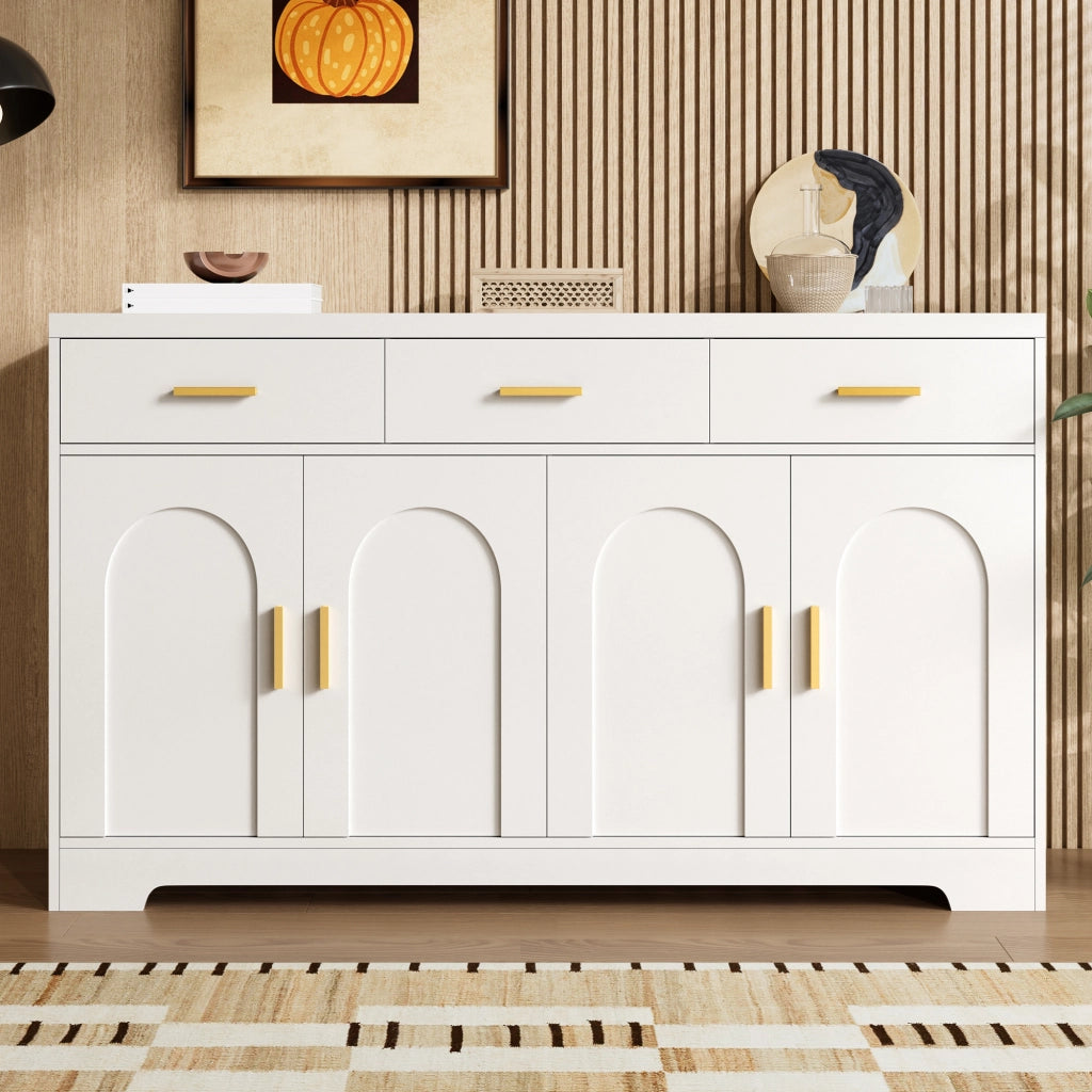 Credenza con 4 ante ad arco, 3 cassetti e ripiani regolabili, per soggiorno, in MDF bianco 140 × 40 × 83 cm