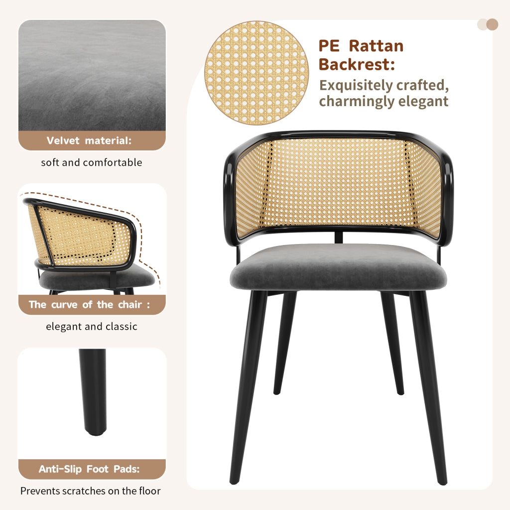 SEDIA da pranzo con schienale in rattan 47 x 47 x 79 cm grigio in velluto