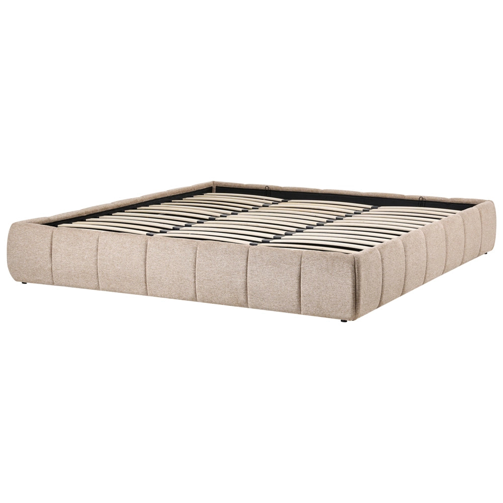 Letto matrimoniale in tessuto beige imbottita, con contenitore e panca 180x200 cm design moderno