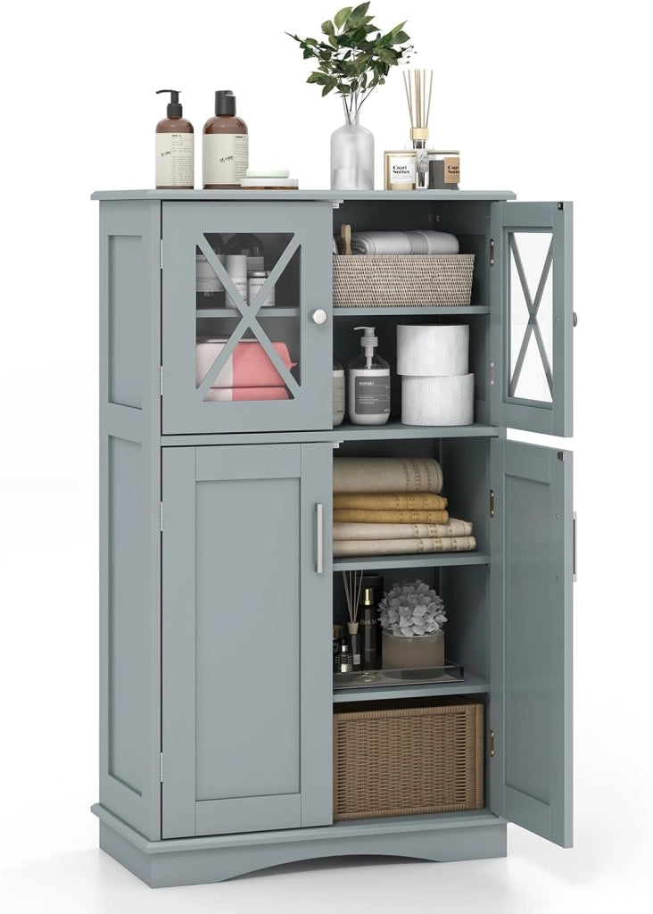 Mobile da Bagno con 4 Ante, Armadio da Terra con Ripiani Regolabili, Mobiletto Multifunzionale per Bagno Cucina e Soggiorno, 60x30x108 cm, Bianco (Bianco)