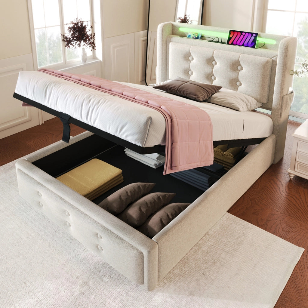 LETTO Contenitore 90x200 cm Beige in cotone-lino con materasso incluso, LED e USB