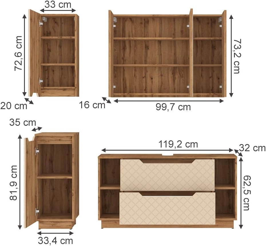 Set di mobili da bagno Lotta, Cachemire, 119.2 cm, composto da mobile sottolavabo, specchiera, armadio medio e pensile
