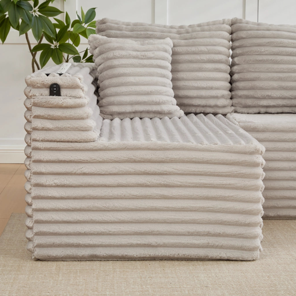 Divano Panoramico a U Modulare con Portabicchieri e Tasche Laterali, Design Ergonomico, in Velluto a Coste Grigio Chiaro