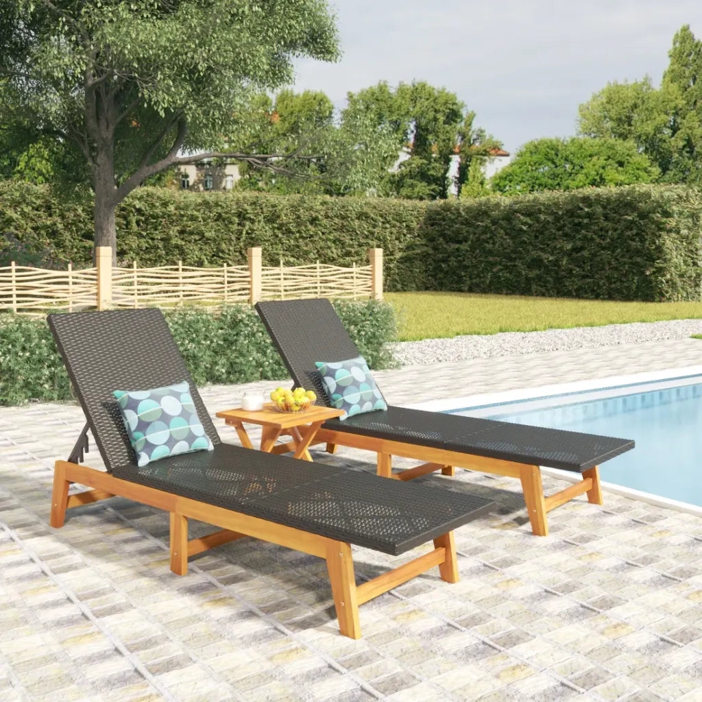 Lettino Prendisole | Sdraio 2 pz Nero e Marrone Polyrattan e Legno Massello di Acacia