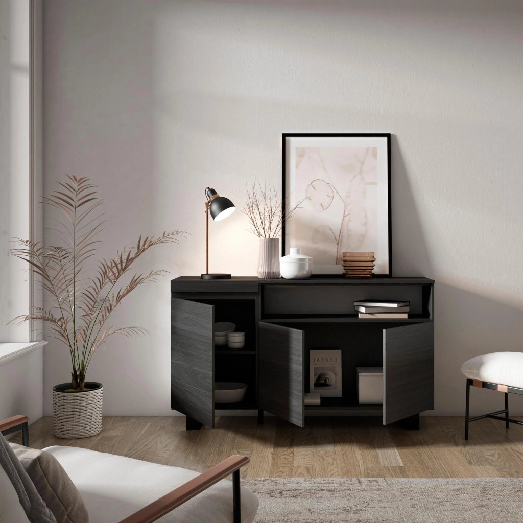 Credenza, Mobile, 150x35x87cm, 3 Porte, Design industriale, Nero RF2513