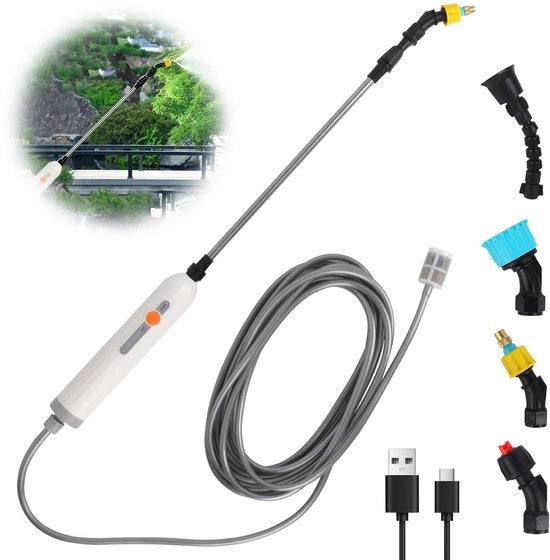 Sproeistaaf elettrica, 3,7 V, sbriciolatore elettrico per piante, 4 getti e 5 m tubo, 2 posizioni e ricaricabile USB, pompa a batteria per giardino, terrazzo, prato e erbacce.