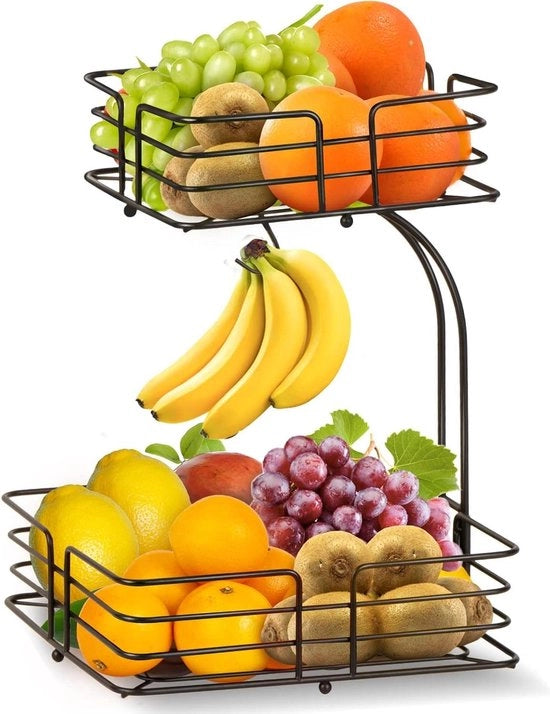 Fruitschale a 2 livelli con supporto per banane in metallo con scatola rimovibile per frutta e verdura, design moderno in bronzo.