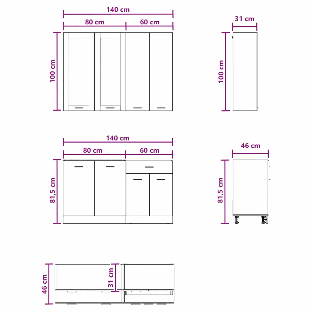 Unità Cucina LYON 4 pcs Rovere Nero Legno ingegnerizzato 3438364