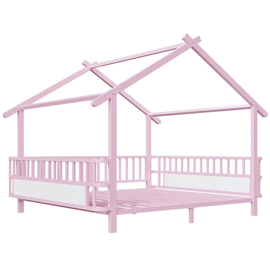 Letto Casetta 140 x 200 cm - con Sponda di Sicurezza e Struttura a Tetto - Rosa