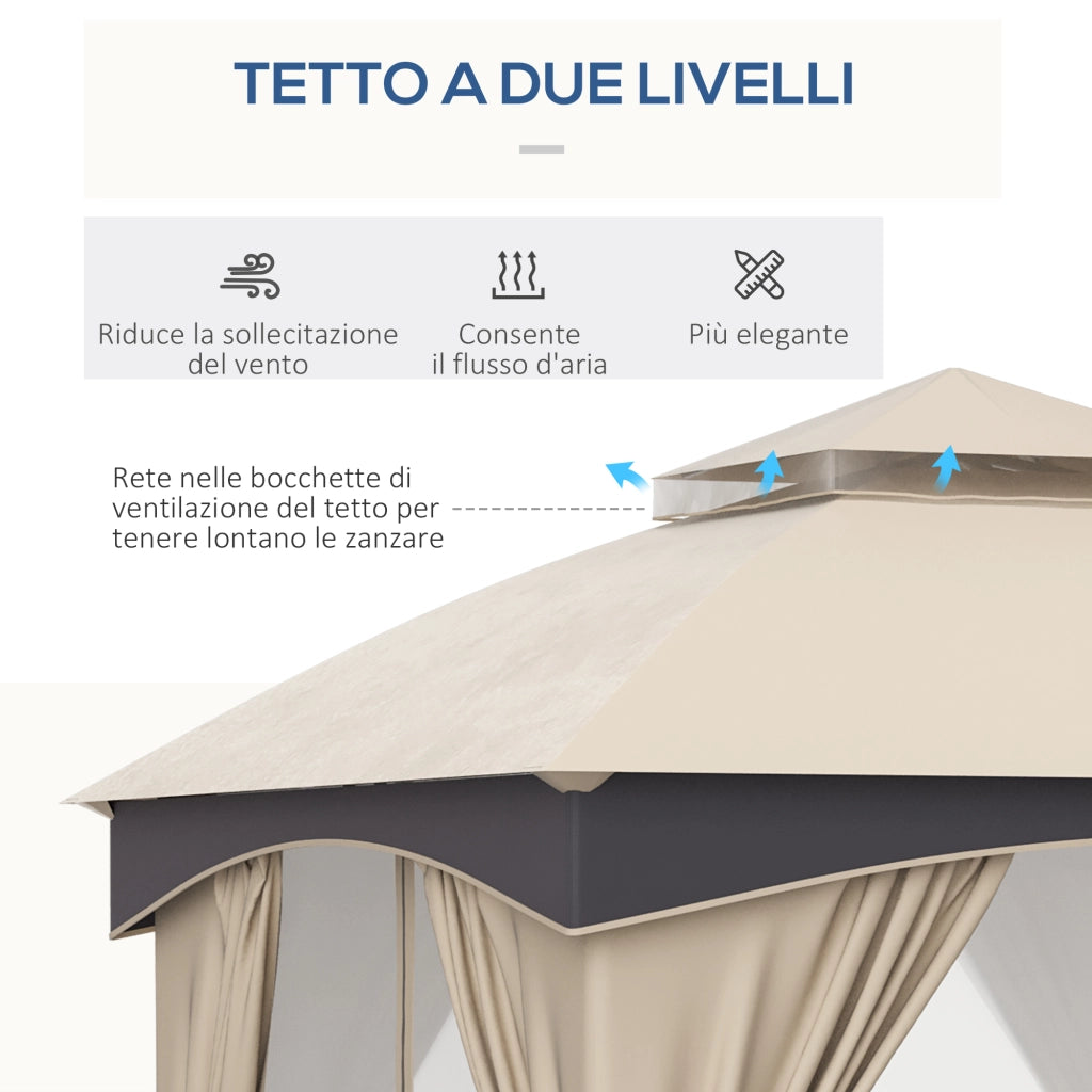 Gazebo da Giardino 3x3m ¨C zephmum ¨C Acciaio, Doppio Tettuccio, Tende, Beige e Grigio