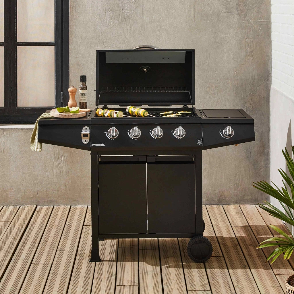 Barbecue a gas 4 bruciatori + 1 fuoco laterale, nero