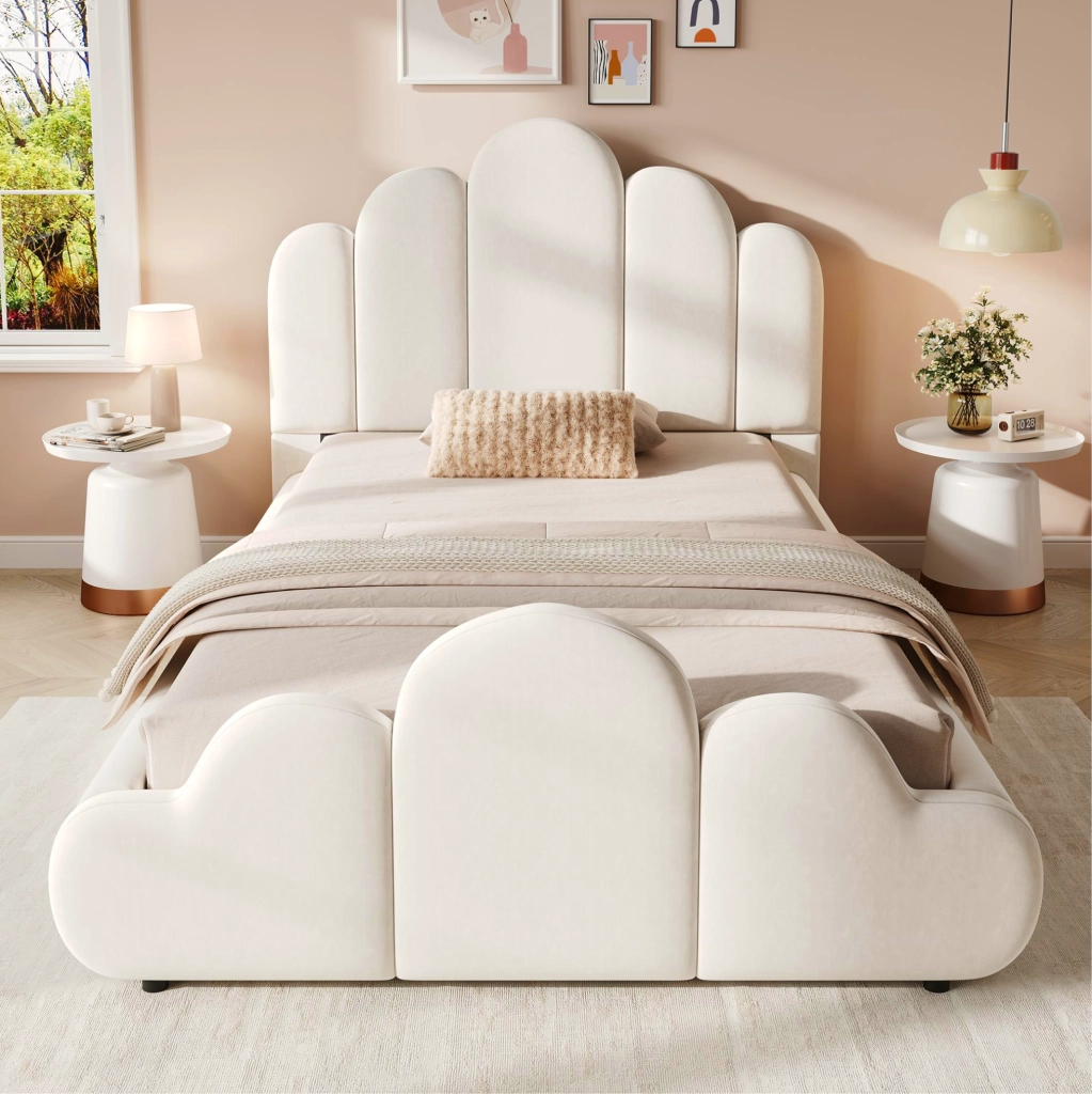 Letto singolo imbottito 90x200 cm in velluto beige; con rete inclusa e angoli arrotondati