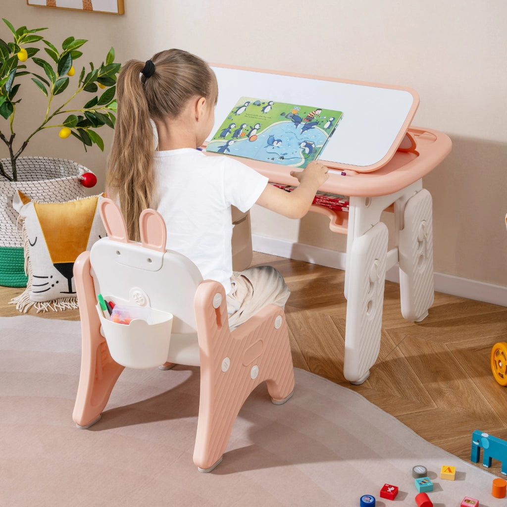 Tavolo e sedia per bambini con mensola ribaltabile lavagna magnetica cancellabile-Tavolo e sedia per imparare Rosa
