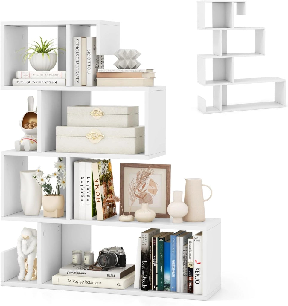 Libreria a Forma di Mossa con 5 Livelli, Scaffale Aperta a Forma di S in Legno, Libreria Divisoria con Protezione Anti-Ribaltamento per Soggiorno, Studio, 80 x 22 x 100 cm (Bianco)