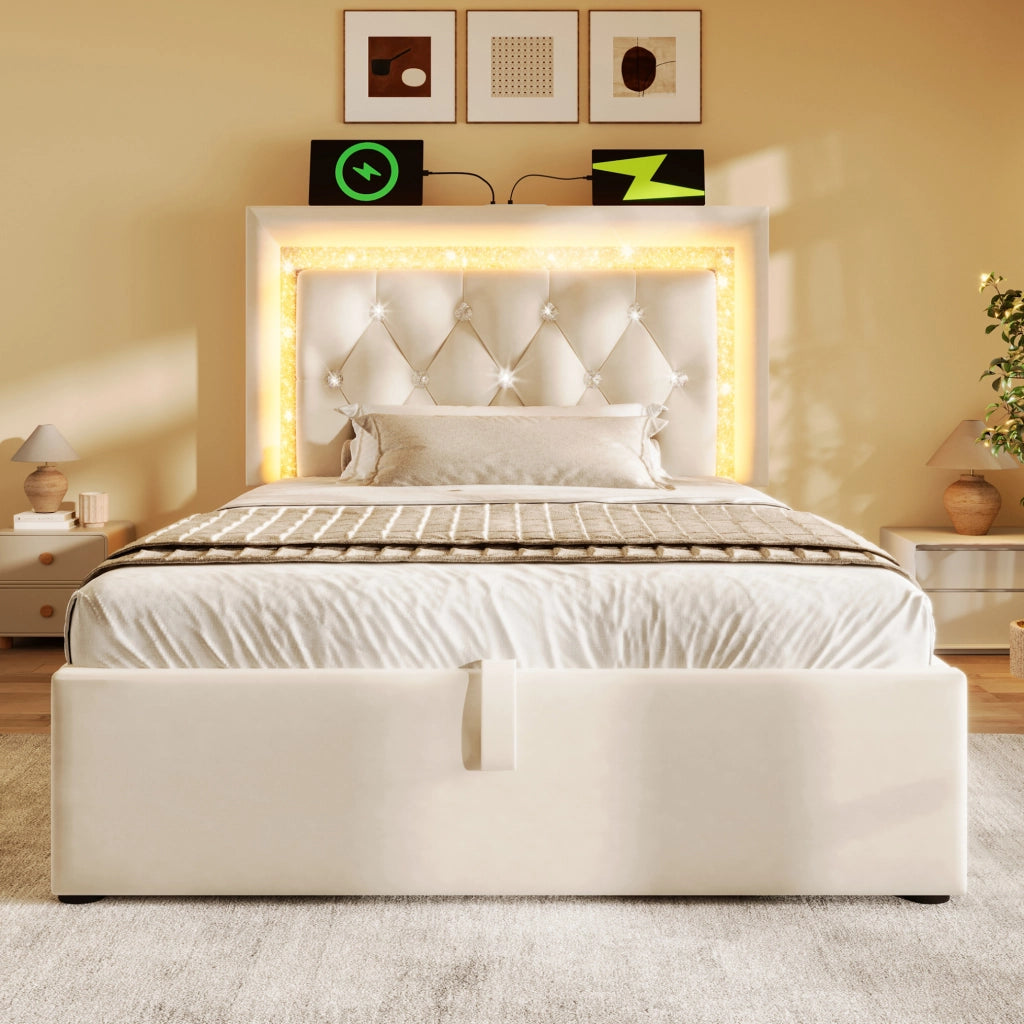 Letto matrimoniale 90x200 cm in velluto con LED, USB e contenitore idraulico