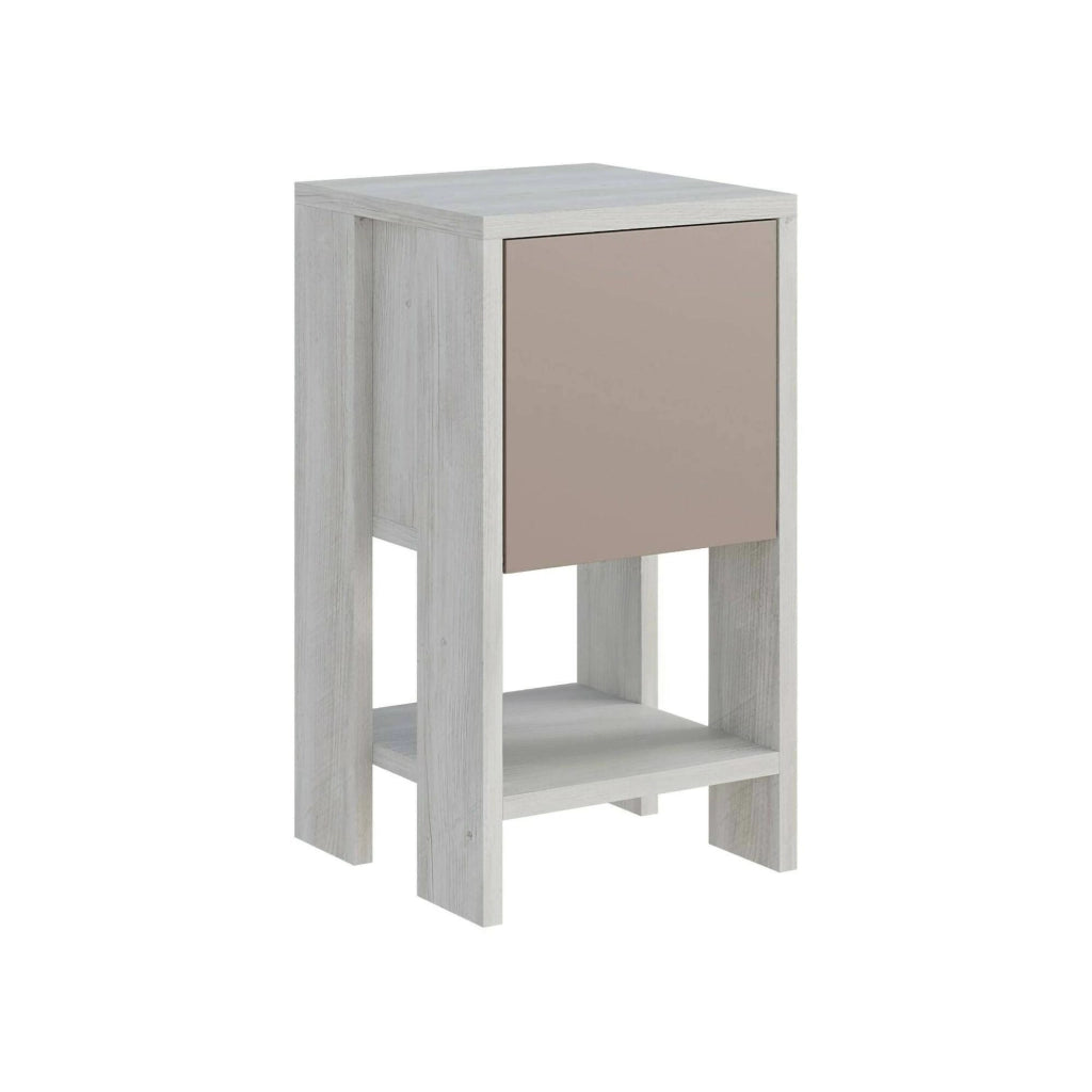 Comodino Filippa, Comò basso, Tavolino da notte, Mensola da letto, 30x30h55 cm, Bianco e Tortora