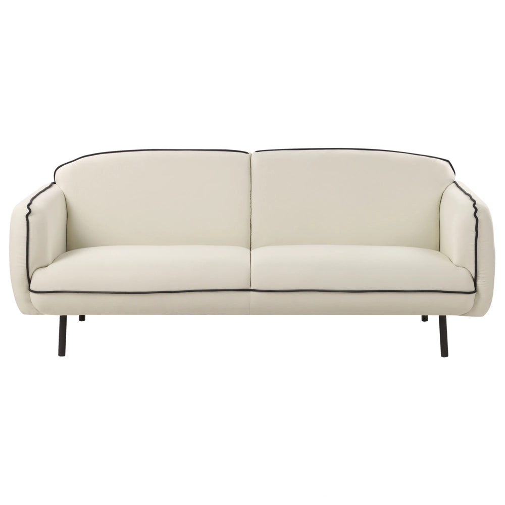 Divano a 3 posti con ottomana Tessuto beige chiaro Morbide gambe in metallo nodoso Bordi decorativi neri Stile arte decorativa retro glam