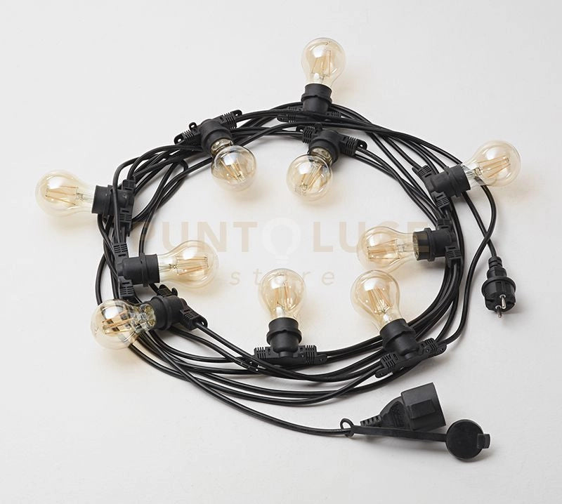 GFIN02- CATENA LUMINOSA 10 ATTACCHI PER LAMPADINE E14 PER ESTERNI IP44 10MT NERA