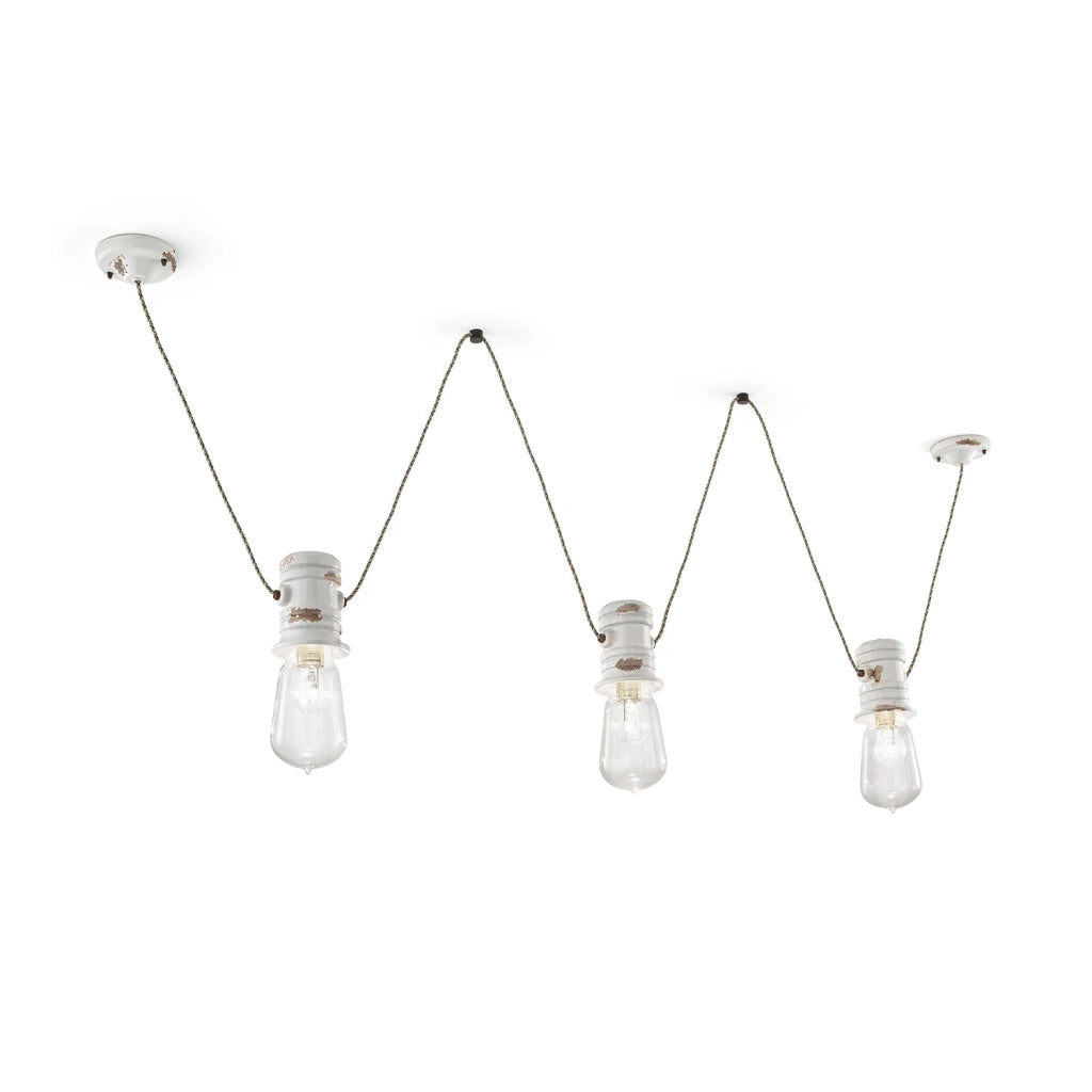 Lampadario Industrial Minimal Urban Ferro E Ceramica Vintage Bianco 3 Luci E27