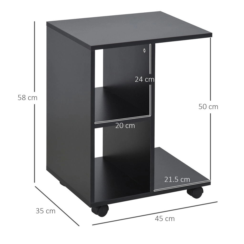 TAVOLINO DA SALOTTO A C CON 2 RIPIANI APERTI E 4 RUOTE 45X35X58 CM NERO