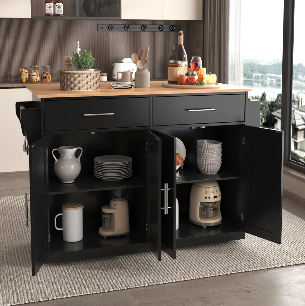 Carrello da cucina con piano ribaltabile 120x46/70x91;5 cm in MDF nero e naturale; con ruote