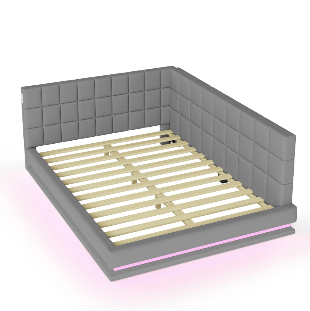 Divano letto 140x200 cm con LED e USB; lino grigio (Senza materasso)