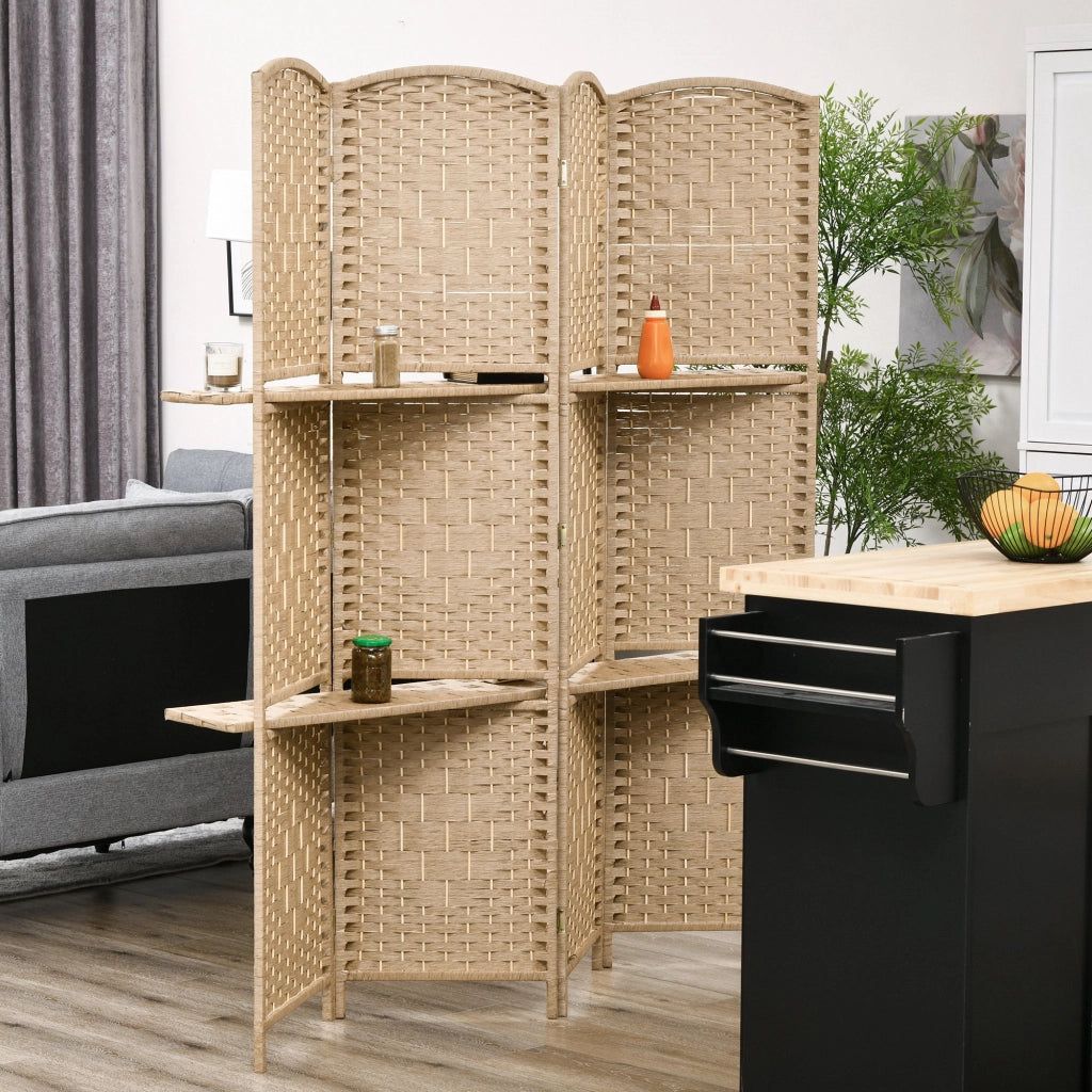 Biombo Separatore 4 Pannelli con Ripiani ¨C zephmum ¨C Legno Naturale 160x170 cm