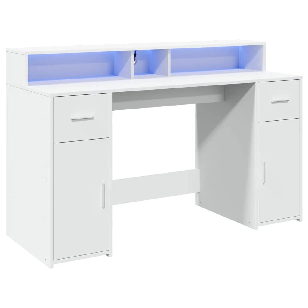 Scrivania per computer postazione di lavoro scrivania da studio con luci a LED 140 x 55 x 91 cm legno ingegnerizzato bianco 02_0023406