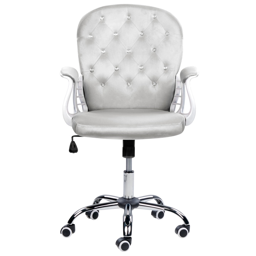 Sedia da ufficio in velluto grigio chiaro con cristalli e altezza regolabile e schienale trapuntato stile retrò moderno