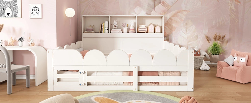 Letto per bambini a pavimento 140 × 190 cm con barriera, porta e ripiano, senza materasso, bianco
