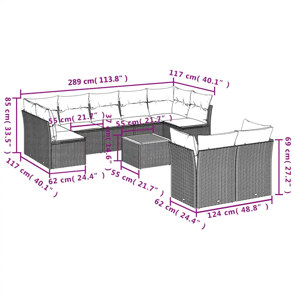 Set Divani da Giardino 10 pz con Cuscini Grigio in Polyrattan
