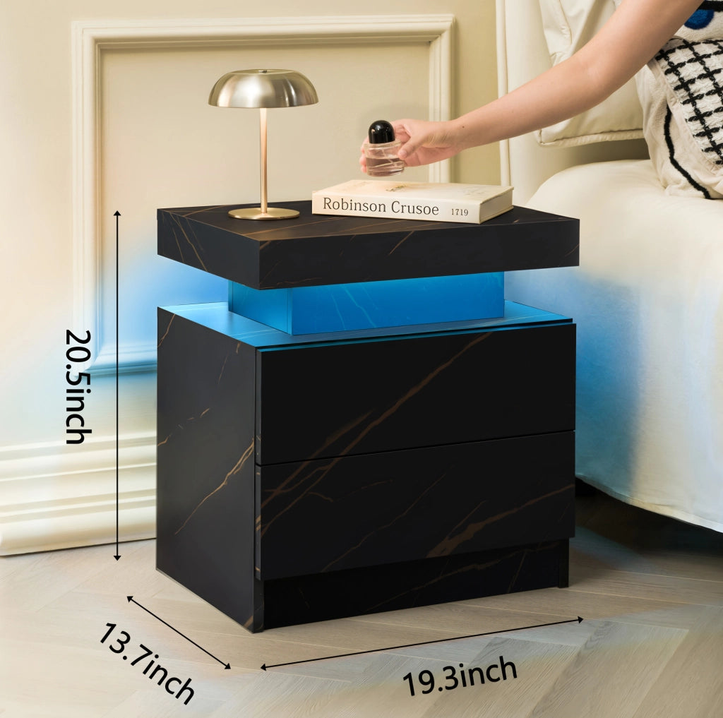 Comodino Moderno con Luci LED Regolabili e 2 Cassetti, Nero e Oro