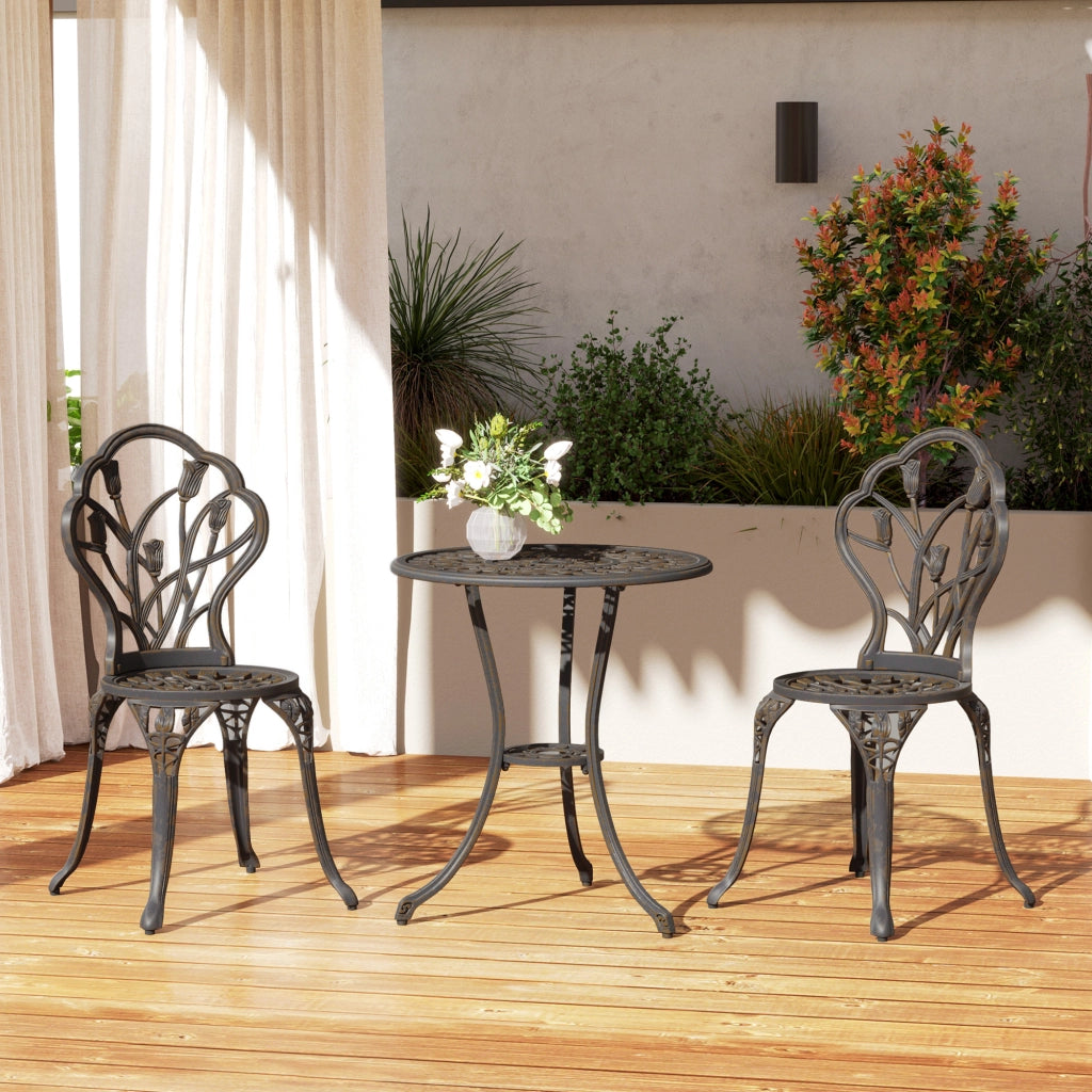 Set da Esterno 3 Pezzi con 2 Sedie da Giardino e Tavolo Rotondo con Foro per Ombrellone, Bronzo