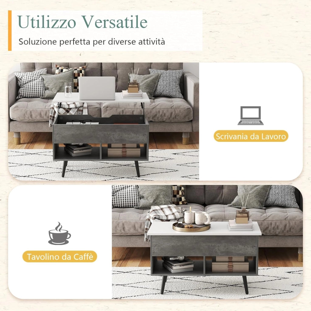 Tavolino da Salotto con Superficie Sollevabile, Tavolino da Caffè Moderno con Scompartimento Nascosto e 2 Ripiani, Ideale per Salone, Ufficio e Sala Riunioni (Grigio)